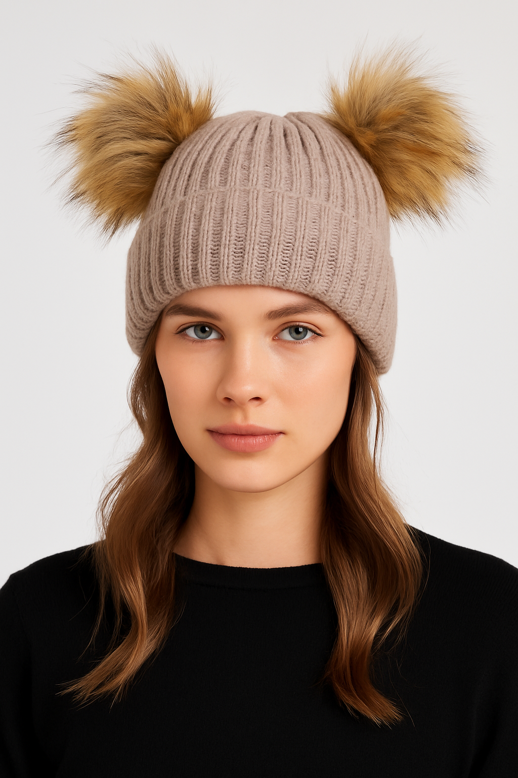 DM-101 Bommel Mütze für Damen Modernes Design Braun