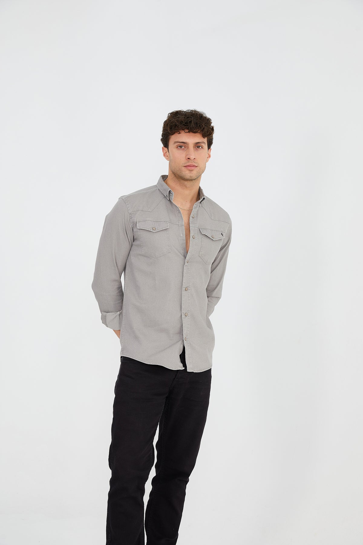 Herren Freizeit Hemd Langarm Business Hemd Grau