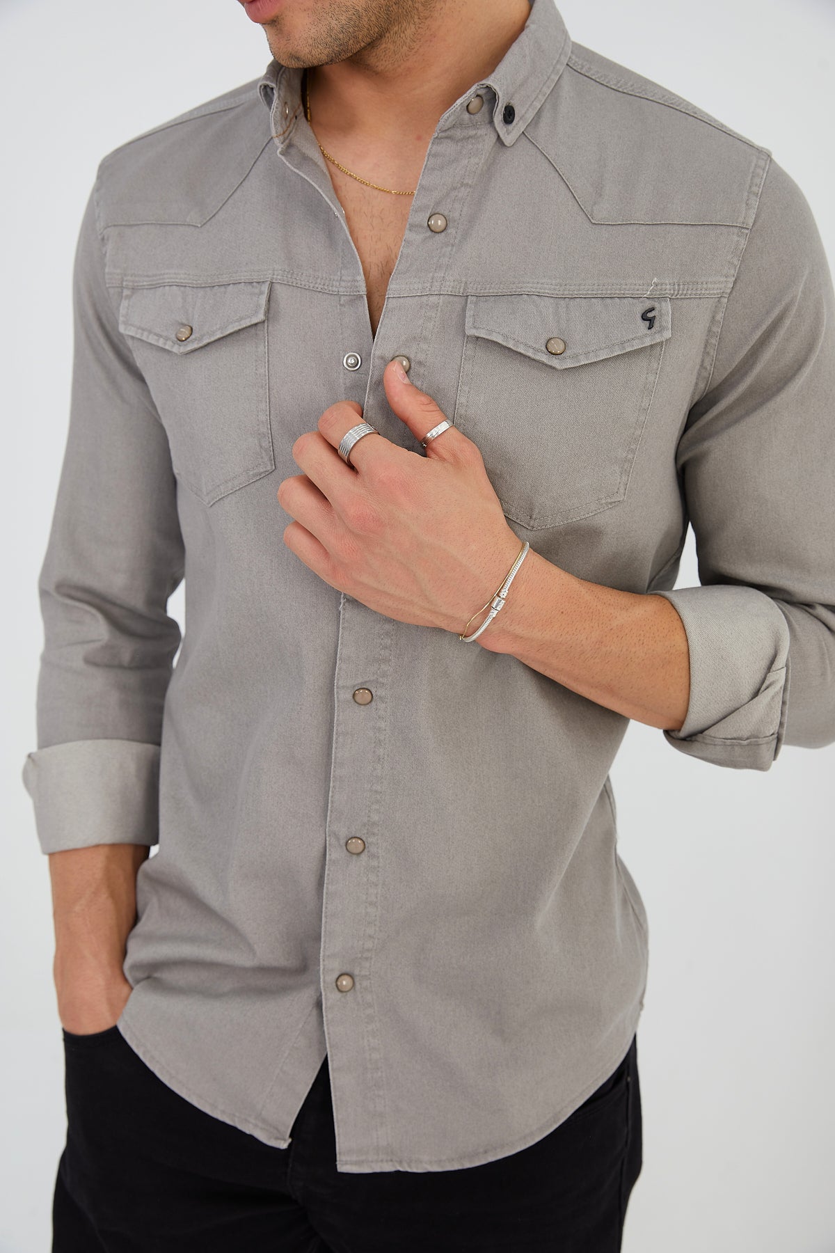 Herren Freizeit Hemd Langarm Business Hemd Grau