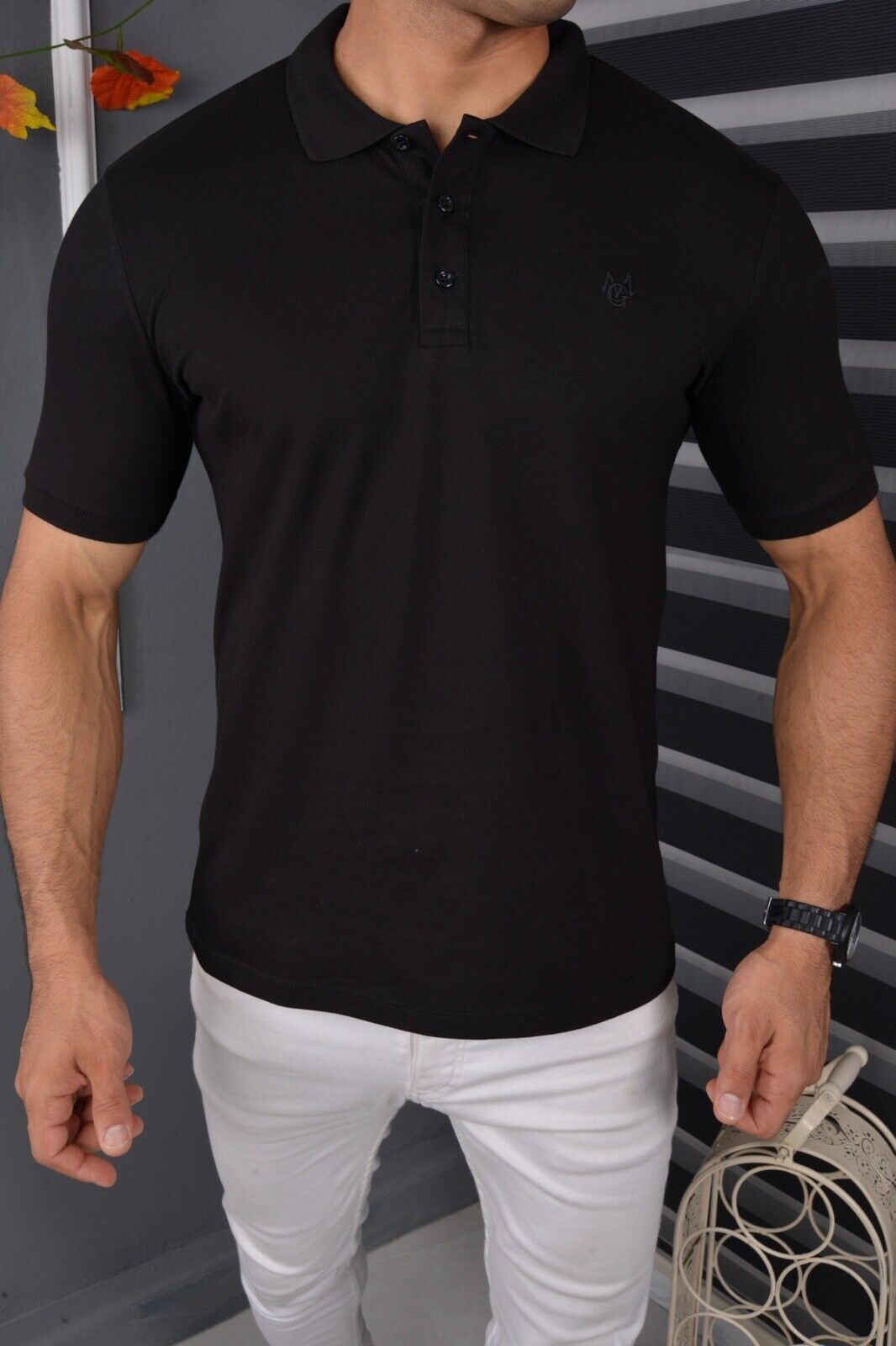 Poloshirt Basic T-Shirt Kragen Shirt Schwarz