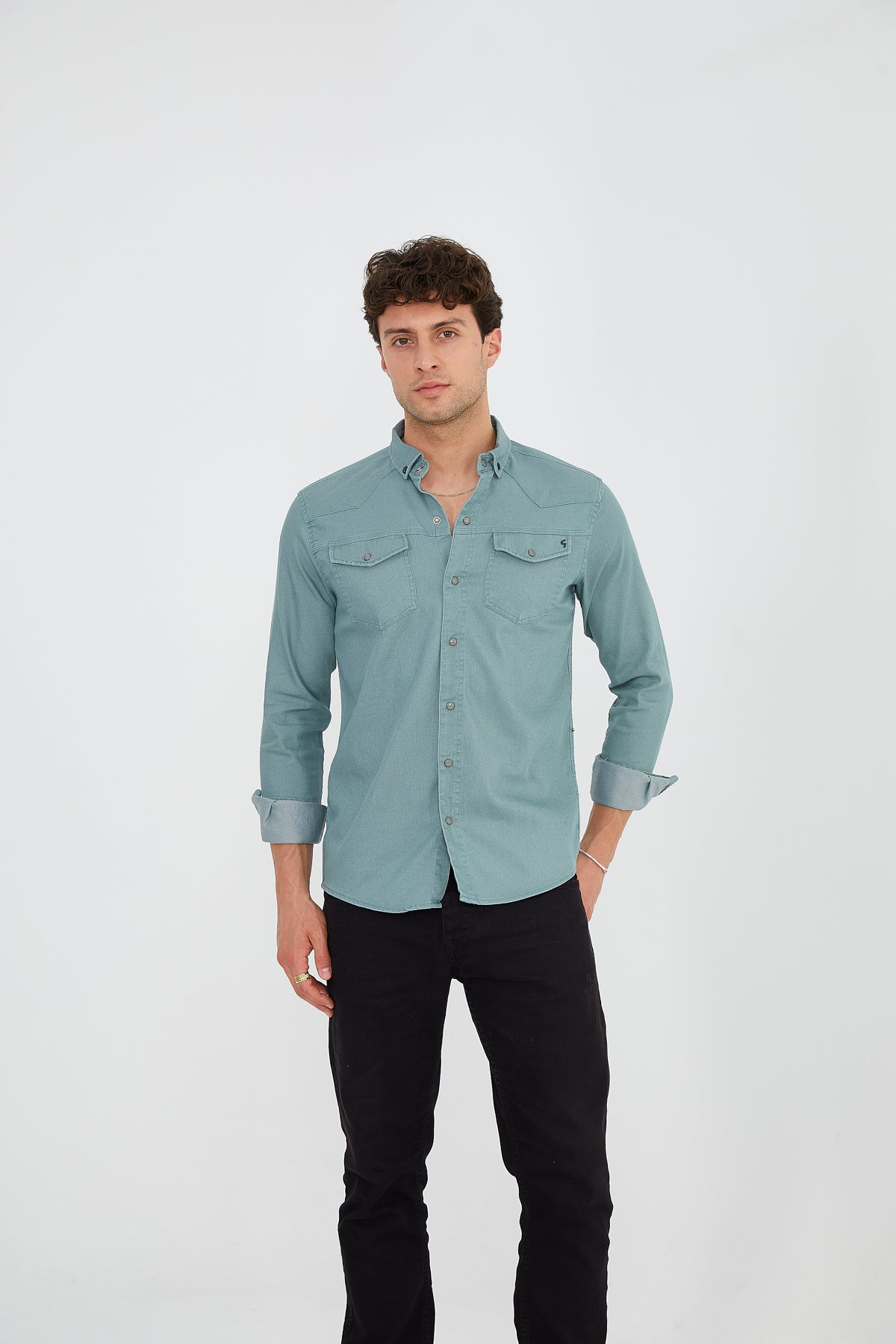 Freizeit Hemd Langarm Hemd Herren Jeansblau